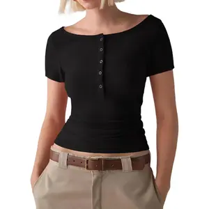 Women's Boat Neck Short Sleeve Henley T Shirts Summer Button Ribbed Slim Fit Tops Casual Basic Tee Blouse 2026