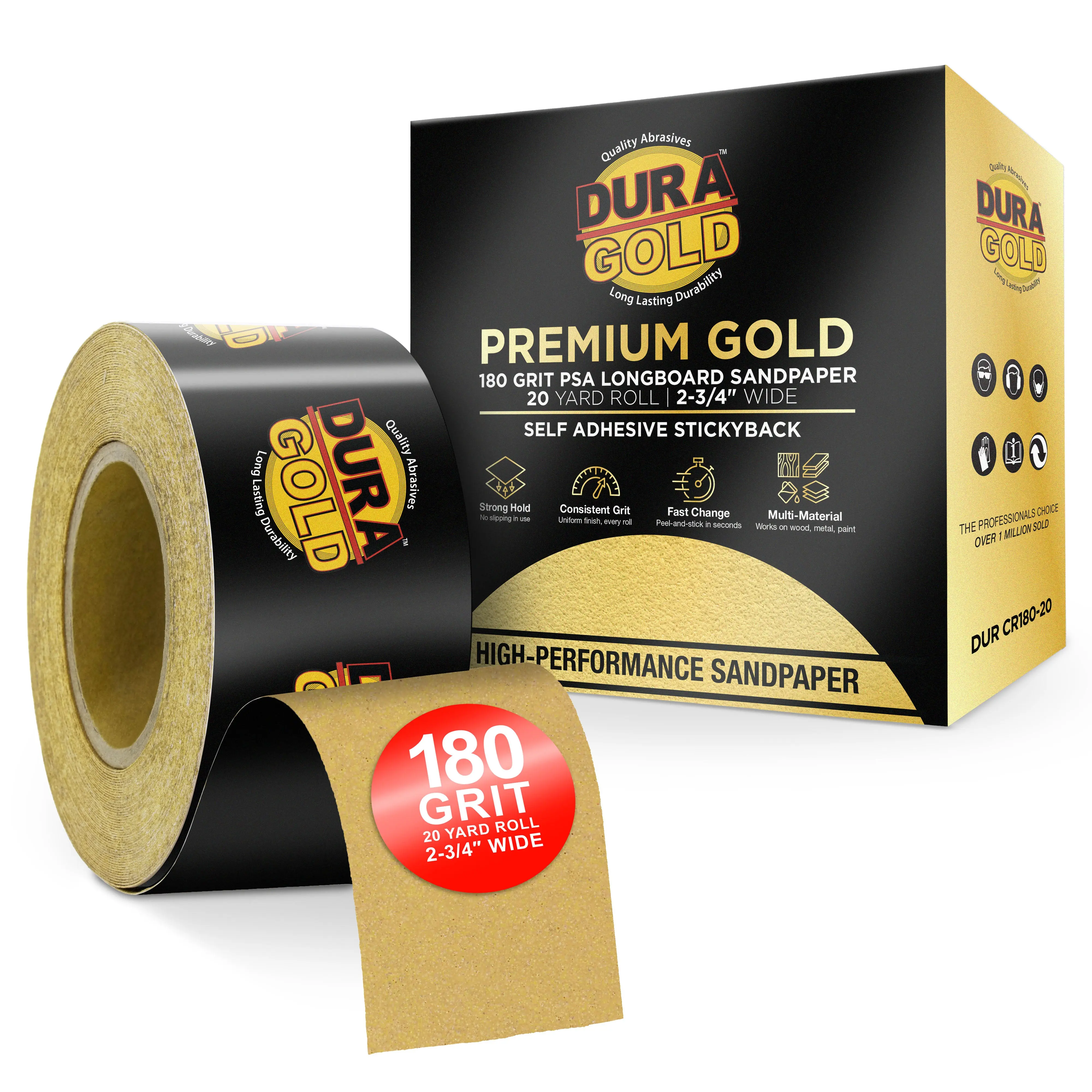 180 Grit Gold - Longboard Continuous Roll PSA Stickyback Self Adhesive Sandpaper 20 Yards Long by 2-3/4" Wide