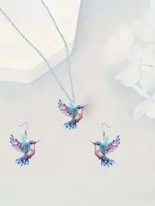 1 Set Elegant Acrylic Colorful Hummingbird Necklace & Earrings Set, Multi-Colored Wing Design, Suitable For Daily Wear And Bird Lovers