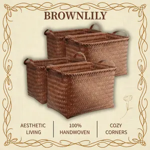 BROWNLILY 4 Pack Handwoven Wicker Storage Baskets, Large Storage Bins, Rattan Style Home Storage Organizer for Shelves, Closet, Laundry Hampers, Clothes & Blanket Storage, Bedroom & Bathroom Organization