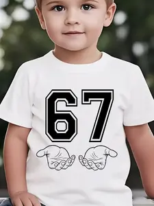 Kids "67" Hand Gesture Graphic T-Shirt - Casual Short Sleeve Crew Neck Boys & Girls Streetwear Tee for Everyday Wear