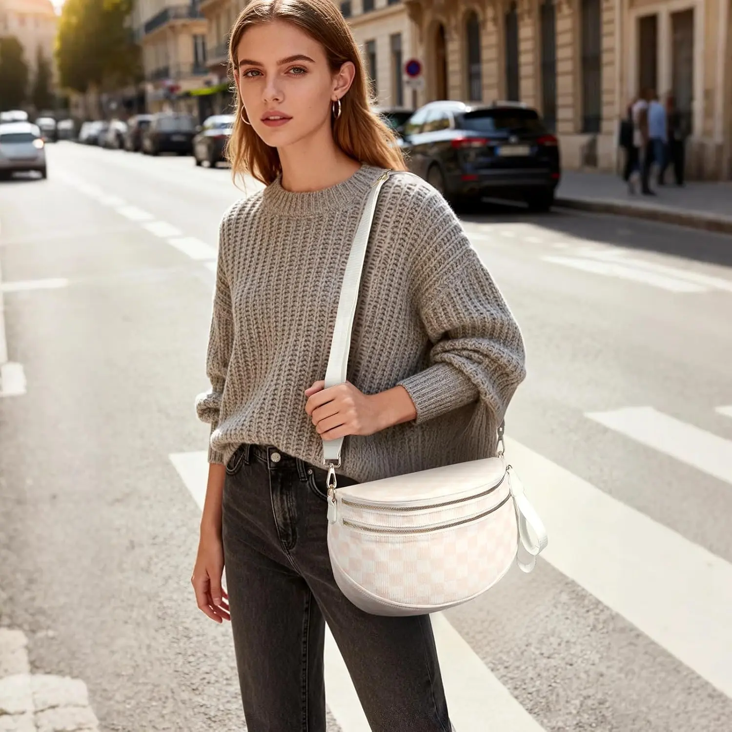 Checkered Nylon Crossbody Bag Bum Bag for Women Spacious Checkered Crossbody Purses Shoulder Handbag Crossbody Purse Fanny Pack Trendy Bumbags for Women Hiking Travel (Beige and Yellow Checkered) casual commuter handbag shopping