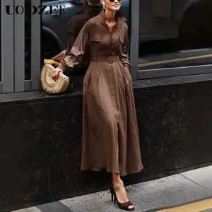 UOOZEE Women's 2025 New Elegant Collared Maxi Shirt Dress - Belted Lady's Casual Wear, Cotton Light-Soft Breathable Fabric, Loose Straight Cut, Long Sleeves, Solid Color, Pockets, Pleated Belt (1 Size Up for C-Cup+)
