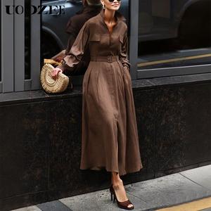 UOOZEE Women's 2025 New Elegant Collared Belted Maxi Shirt Dress - Ladies' Soft Casual Dresses, Cotton Light-Breathable Fabric, Loose Straight Fit, Long Sleeves, Solid Color, Pockets, Pleated Belt (1 Size Up for C-Cup+)