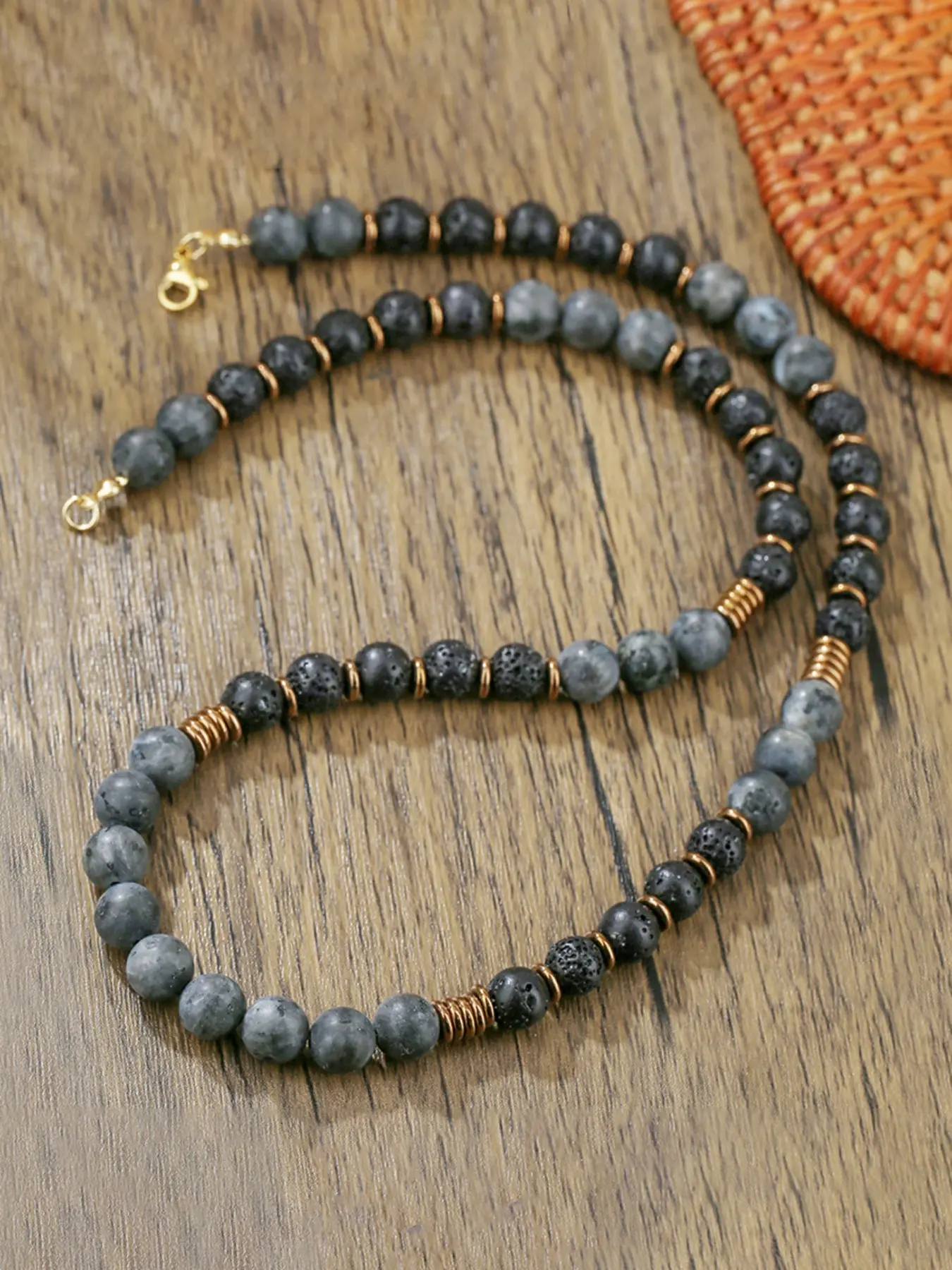 1PC Man's Retro Tribal Natural Flash Stone Decorative Necklace for Men Ethnic Black Lava Stone Long Beaded Necklace Man Jewelry Lava Stone Beads Decorative Beaded Necklaces