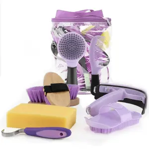 9 Pieces Grooming Kit with Tote Bag, Sweat Scraper, Sponge, Hoof Pick, Curry Comb for Horse Riders Beginners (Purple)
