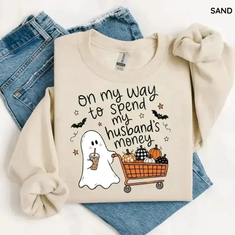 On My Way To Spend My Husband's Money Sweatshirt, Retro Ghost Shopping Shirt, Funny Halloween Shopping, Pumpkins In cart