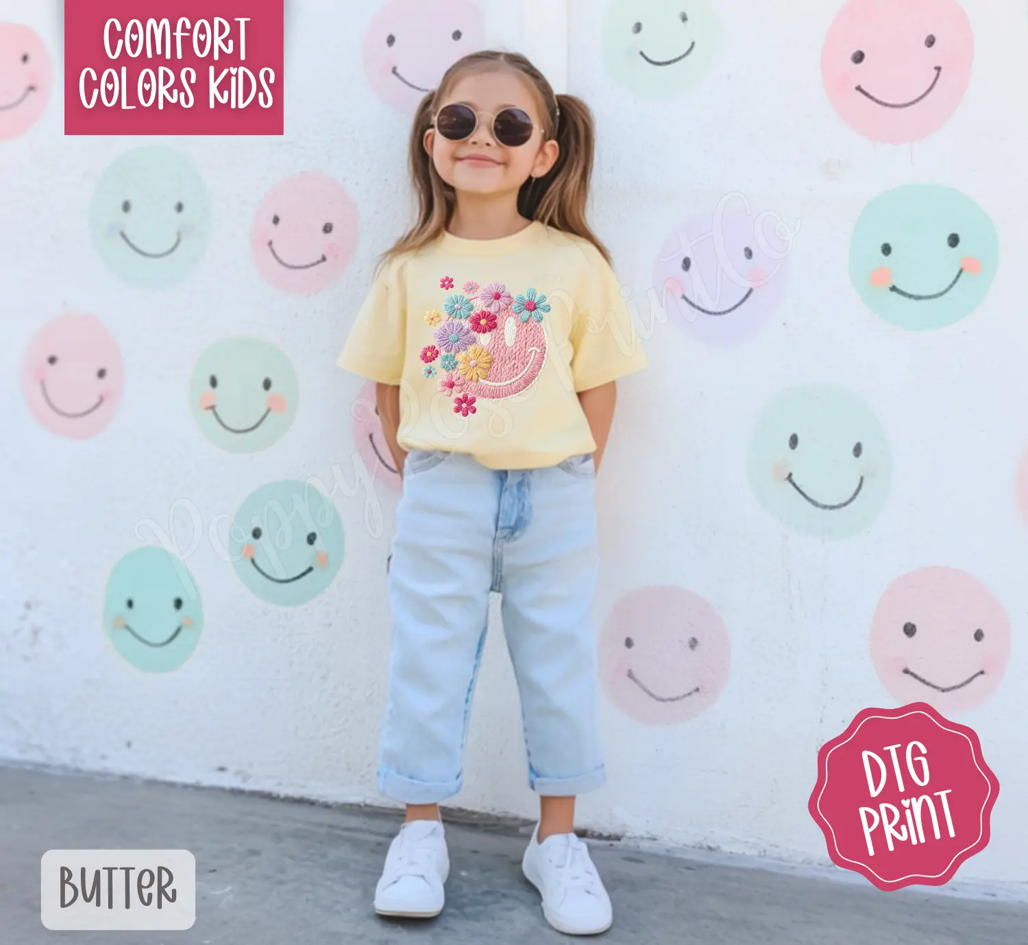 FAUX Knit Floral Smiley Youth Comfort Colors Tshirt, Trendy Tee for Kids