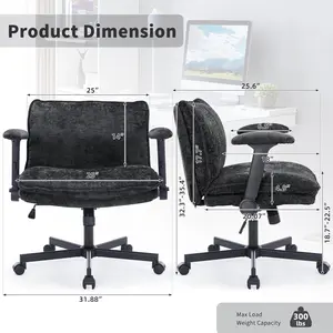 Cross Legged Office Chair with Wheels and Adjustable Flip-Arms, Criss Cross Desk Chair with Thick Cushion, Wide Seat Office Chair for Home Office, Apartment, Bedroom, Black