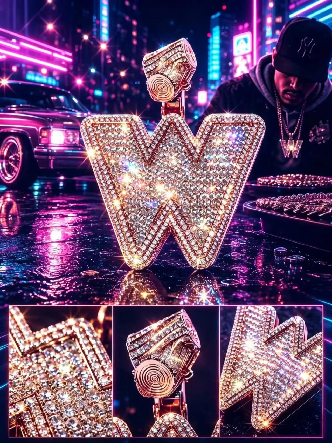 M2-5377  Iced‑Out Custom Letter W Pendant Luxury Rose‑Gold Full Baguette CZ Diamond Bust‑Down Hip‑Hop Rapper Statement Necklace