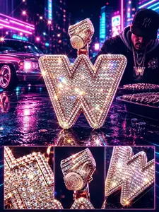 M2-5377  Iced‑Out Custom Letter W Pendant Luxury Rose‑Gold Full Baguette CZ Diamond Bust‑Down Hip‑Hop Rapper Statement Necklace