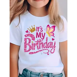 1pc Birthday Kids' Crown Butterfly Print White TShirt, Crew Neck, Casual Cotton Tee, Medium Stretch Knit Fabric, Regular Fit for Boys& Girls Children, Alphabet Pattern, for Spring/Summer/Fall Birthday/Christmas/Valentine' S Day