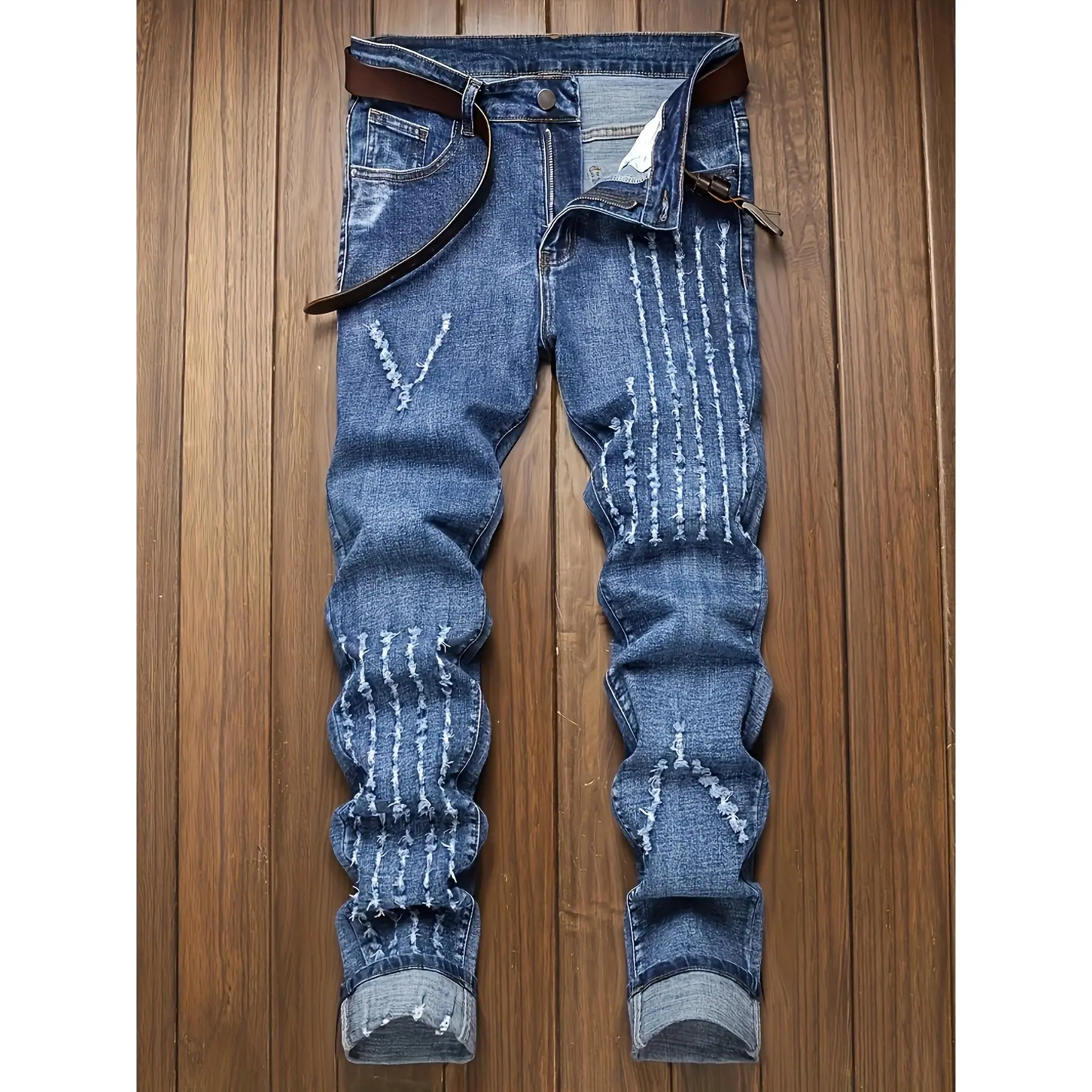 Men's Blue Distressed Jeans | Slim Fit Stretch Denim Pants | Vertical Ripped & Rolled Cuff Trousers for Streetwear & Biker Style