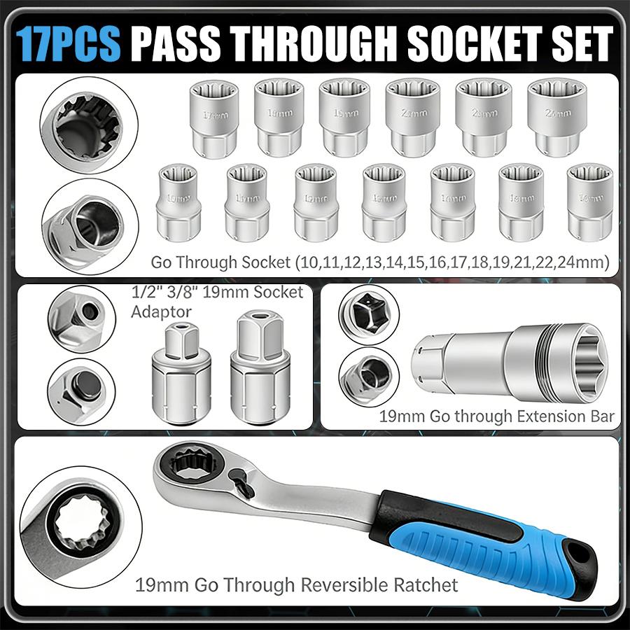 17-Piece Pass Through Socket Set, Metric 10–24mm, Hollow Ratchet Socket Kit for Automotive Repair & Machine Maintenance 17-Piece Pass Through Socket Set, Metric 10–24mm, Hollow Ratchet Socket Kit for Automotive Repair & Machine Maintenance