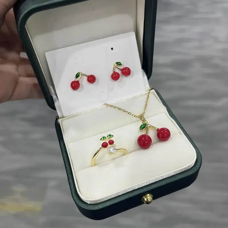 3-Piece Jewelry Set for Women with a Charming Cherry Design - Necklace, Earrings & Ring for a Girly Aesthetic, Casual Summer Look, Female, Feminine Aesthetic