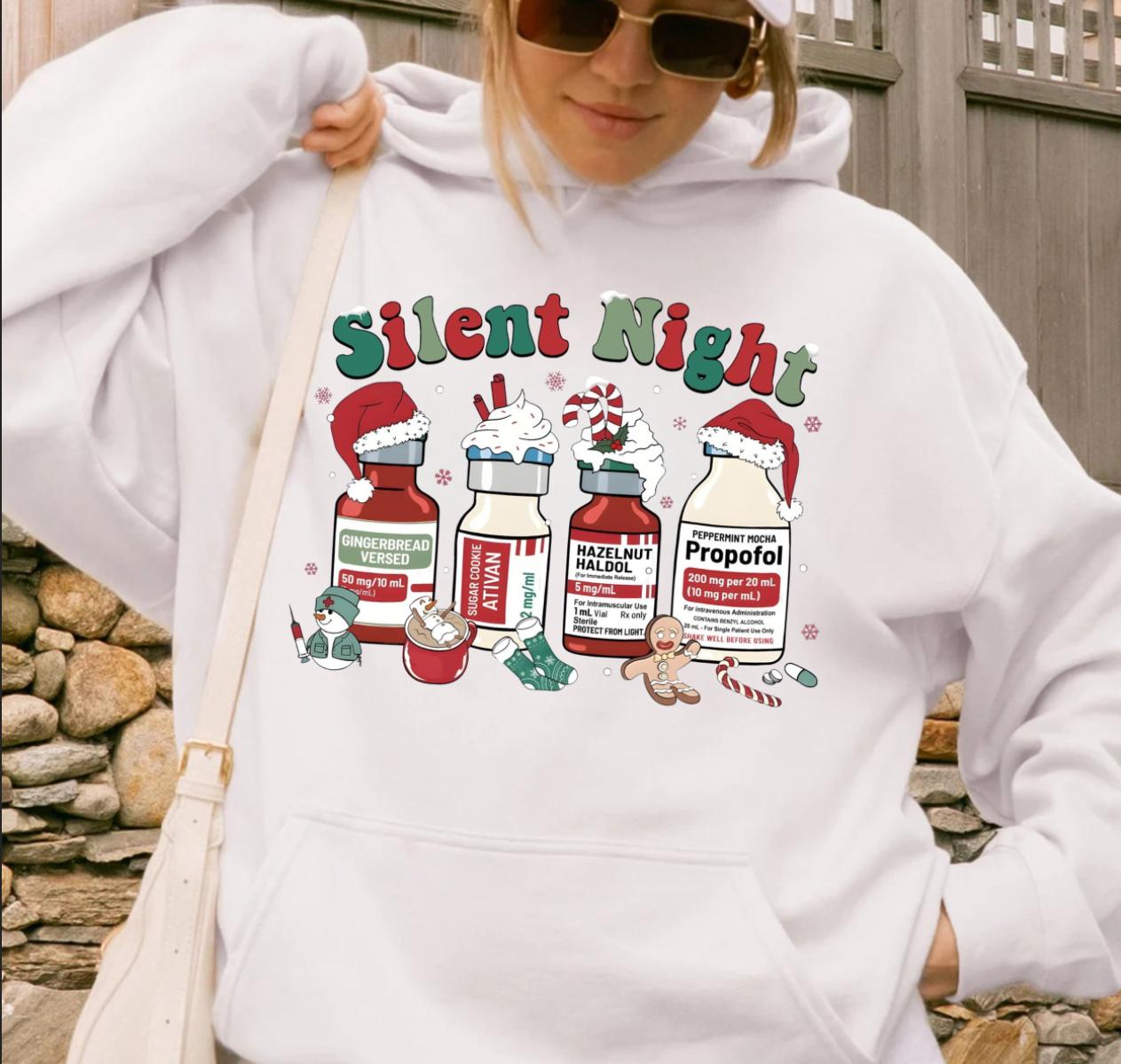 Silent Night ER Nurse Hoodie, ICU Nurse Holiday Apparel, Funny Pharmacist Holiday Sweatshirt, Medical Humor Top