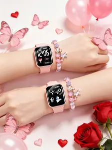 Mother's Day Gift 4pcs Casual Fashion Watches Silicone Square LED Electronic Wristwatch & Unicorn Beaded Bracelet, Heart Decoration, Perfect Gift for All Seasons