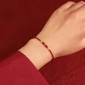 1pc Women'S Lucky Bead Handwoven Adjustable Red And Golden Auspicious Symbol Woven Hand Rope, Halloween Christmas Zodiac Year Gift Couple Style Jewelry