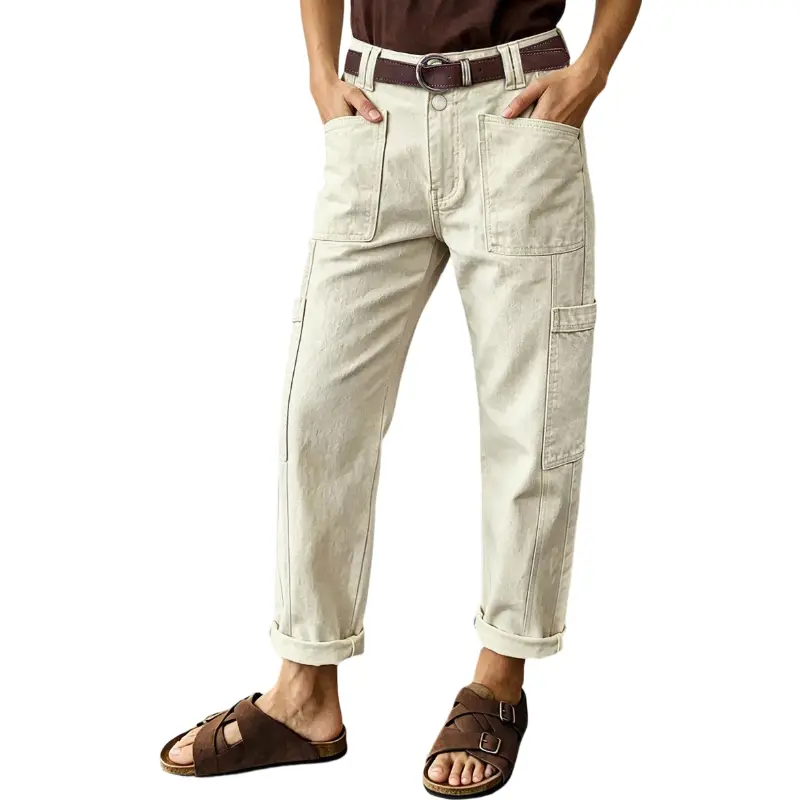 Flamingals Solid Patch Pocket Roll Hem High Rise Straight Leg Crop Pants Without Belt Stretchy 25.0'' Inseam Flamingals Solid Patch Pocket Roll Hem High Rise Straight Leg Crop Pants Without Belt Stretchy 25.0'' Inseam