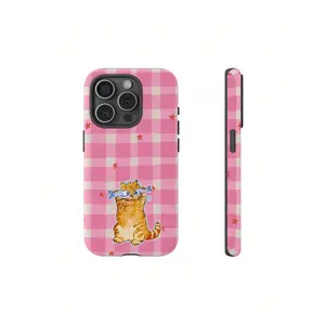 1pc Cute Orange Cat Phone Case With Fish – Pastel Pattern Protective Cover, Gift For Her, Gift For Him, Many Background, Cartoon Phonecover, Ocean, Stripe Checker PhonecoverSuitable For IPhone 17 Air