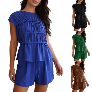 Woodberry Lady's Basic 2-Piece Cotton Clothes Set, Fitted Cap Shortsleeve Ruched Ruffled Hem Tiered Pleated Shirts & Elastic Waist Casual Drawstring Shorts for Daily Commute & Home Wear