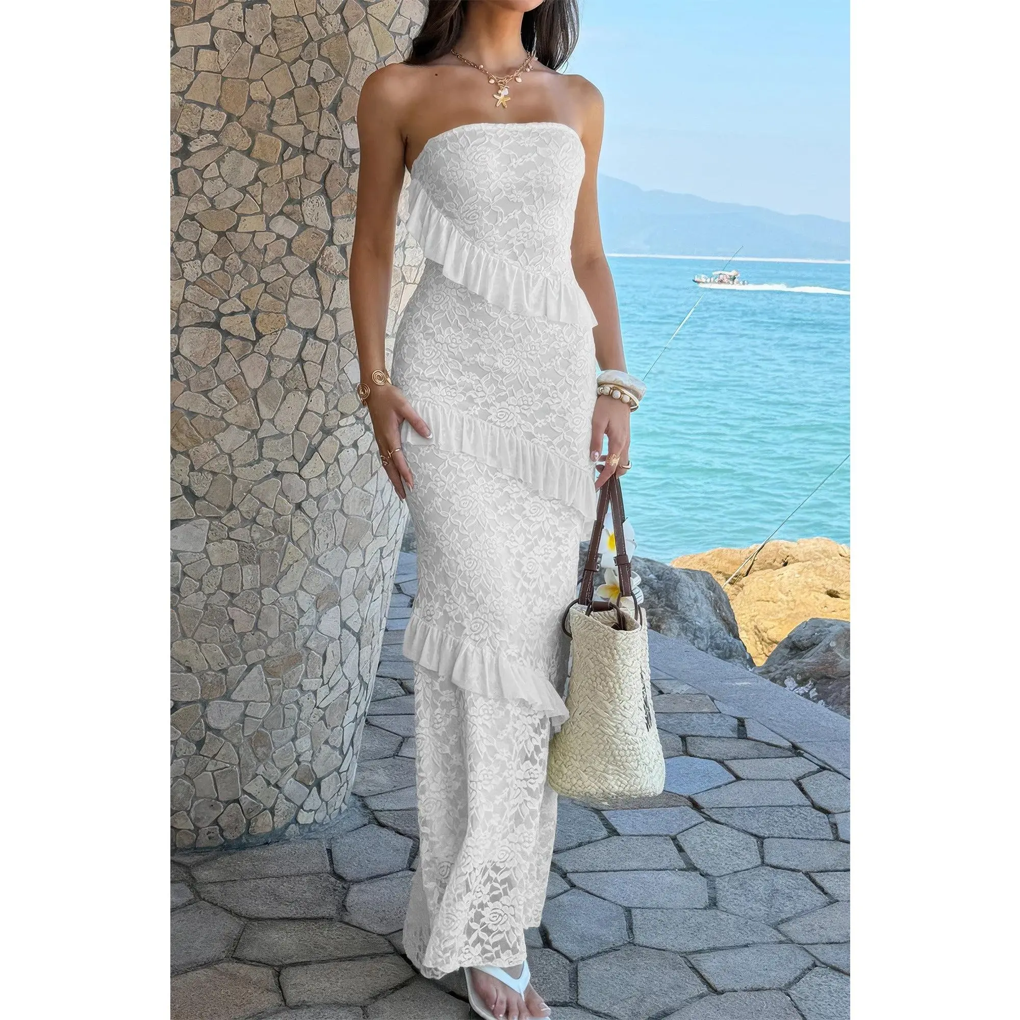 Stacey B's Solid Off Shoulder Bodycon Lace Maxi Dress