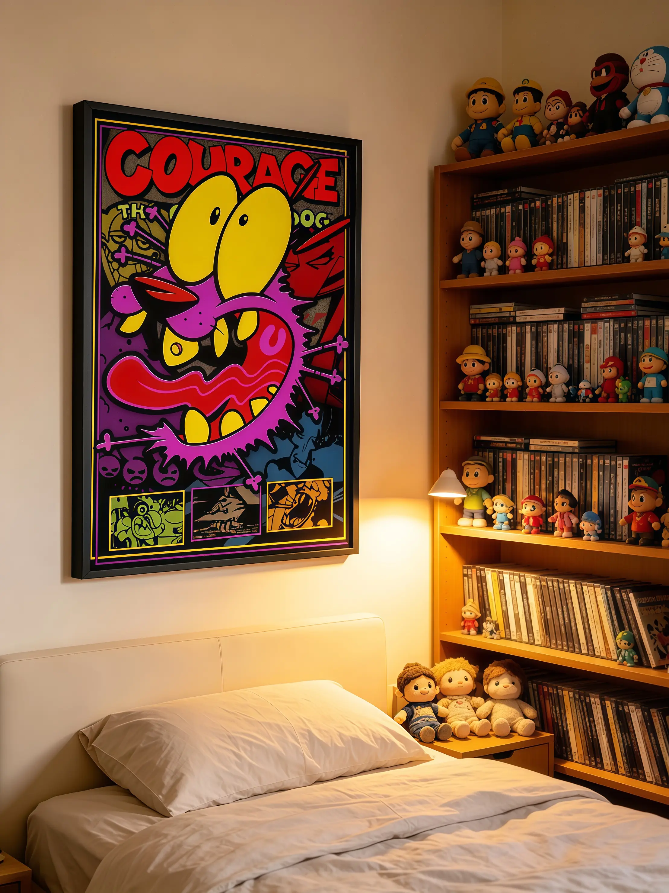 Courage The Cowardly Dog Framed Poster Print - Retro Cartoon Network Graphic, Lightweight Green Minimalist Horror Cool Wall Art, Artistic Lounge Wall Decoration Home Decor Gift