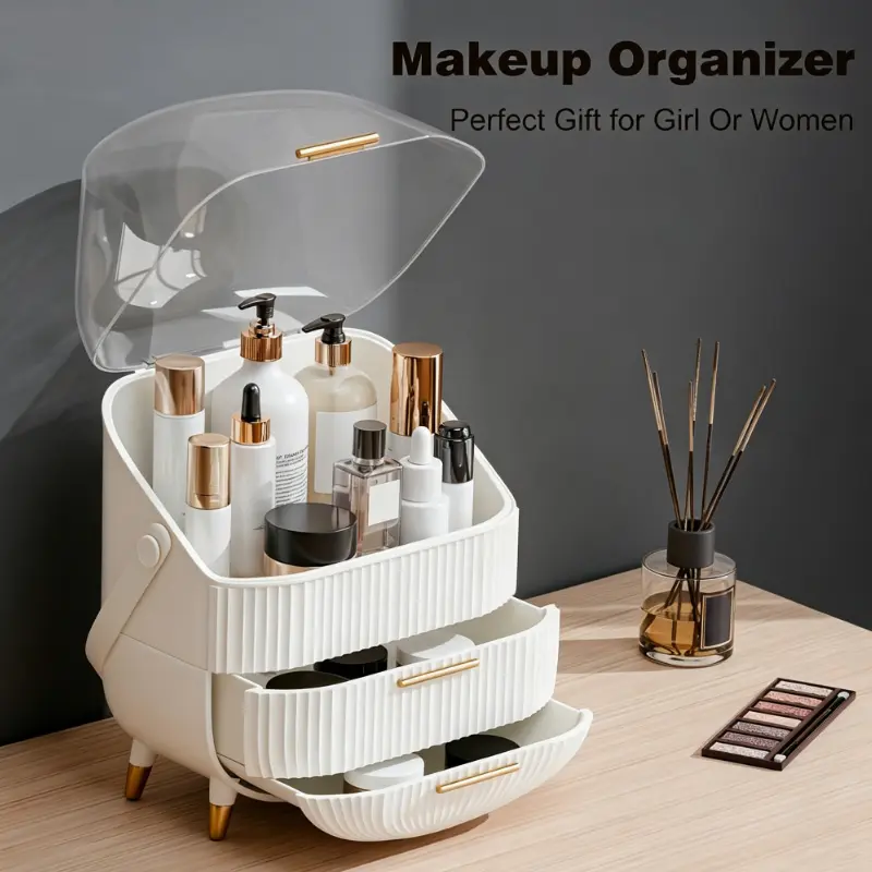 Makeup Organizer with Lid, Large Capacity Cosmetic Storage Box with Drawers, Dustproof & Waterproof Skincare Display Case for Vanity, Bathroom & Bedroom