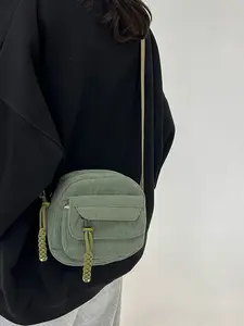 Vintage Harajuku Corduroy Crossbody Bag, Multifunctional Bag, Casual Japanese Style Shoulder Handbag, Zipper Closure, Polyester Lining, Unisex