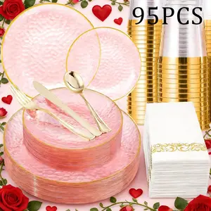 95-Piece Hammered Plate Set, Plastic Plates Knife Fork Spoon Cutlery Set, Gold Trim Plates, for Parties Weddings Valentine's Day Birthdays