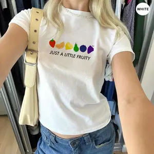 Just A Little Fruit Baby Tee, Funny Lesbian Rainbow Fruit Crop Tee, LGBT Pride Month Outfit, Women Y2K Top