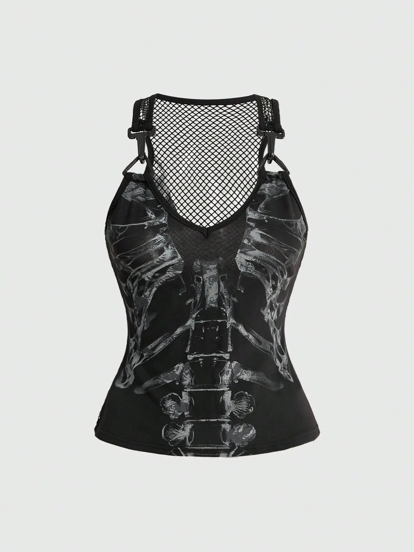 LALUZ Goth Dark Skeleton Print Mesh Patchwork Tank Top Y2K Aesthetic E-Girl Crop Top Streetwear Festival Fashion