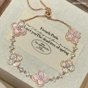 Four Leaf Clover Bracelet Rose Gold Sparkling Crystal Decor Hypoallergenic Skin Friendly Wrist Jewelry Elegant Fashion Accessory for Daily Casual Dating Wear
