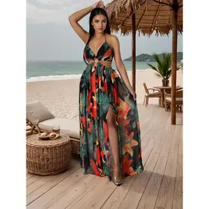 Summer Floral Print Deep V Halter Tie Split Maxi Dress