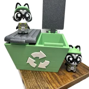3d printed Trash Raccoon with Green Recycling Trash Can - Fun Character Design & Green Bin for Waste Management