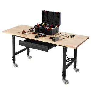 VEVOR Adjustable Workbench on Wheels, 2000 lbs Capacity, 60x 24 Inch Oak Wood Top Workbench with Drawer Power Outlets, Heavy-Duty Hardwood Worktable for Garage, Workshop, Home, Office, Commercial