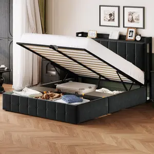 Black Queen Size Lift Up Storage Bed, Upholstered Velvet Bed Frame with Storage Headboard, Metal Platform Bed, No Box Spring Needed, Solid Wooden Slats, Noise Free