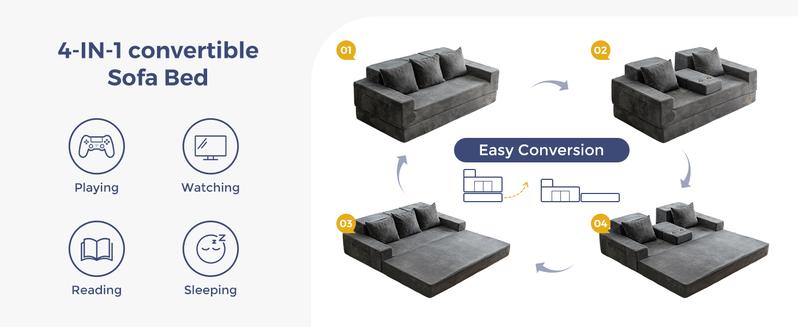 MAXYOYO Sofa Bed, 4 in 1 Foldable Floor Sofa Couch in A Box with 2 Cup Holders, Convertible 3 Seater Boneless Couch Folding Recliner Sleeper Chair for Living Room, No Assembly Required