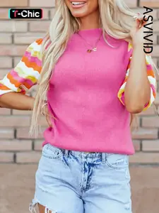 Women's Casual Elegant Solid-color Ribbed Knit Sweater Top with Round Neck and Contrast-color Sleeves Knitwear