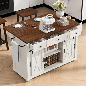 58" Farmhouse Kitchen Island with Storage, Sliding Barn Door & Metal Grid Side Door, Rolling Cart on 5 Wheels, Spice Rack, Glass Holders & Drop Leaf Table for Kitchen