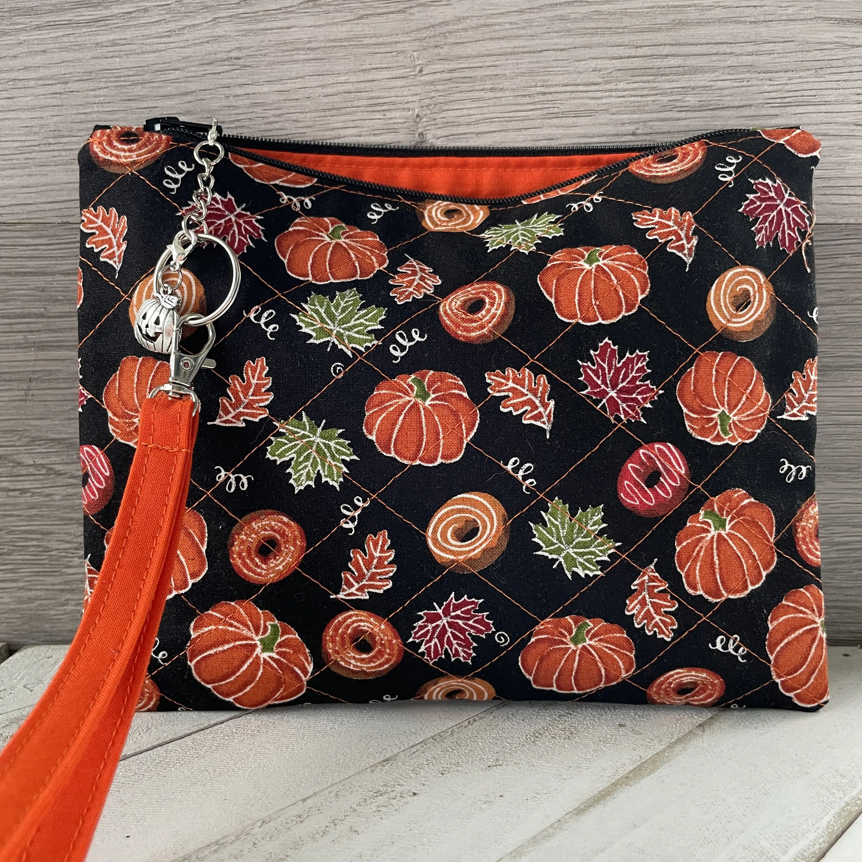 Fall Themed Purse, Fall Zipper Pouch, Quilted Makeup Bag, Autumn Gift, Purse with Pumpkins, Wallet with Strap, ID Pouch, Cellphone Bag