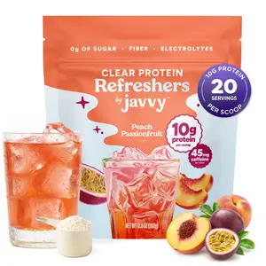 Javvy Peach Passionfruit Refresher – Premium Clear Whey Protein with Electrolytes & Fiber – 100% Natural Flavors – Zero Artificial Colors & Sweeteners – 45mg of Caffeine, 0g of Sugar, 20 Servings