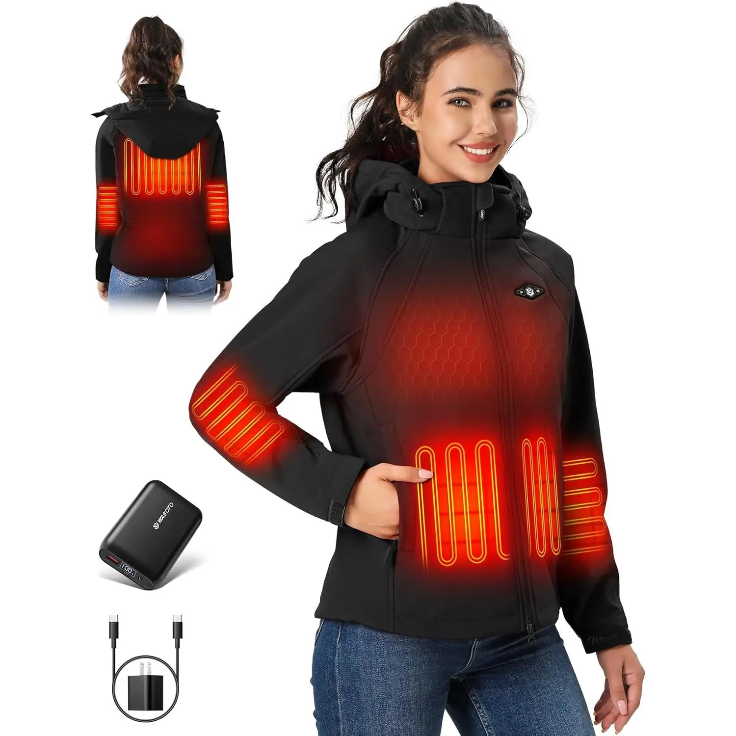 Heated Jacket with 18400 mAh Battery Pack, Water-Resistant Slim Fit Thermal Clothes with Detachable Hood, Long Sleeve Fabric Top for Ice Skating, Tops, Button