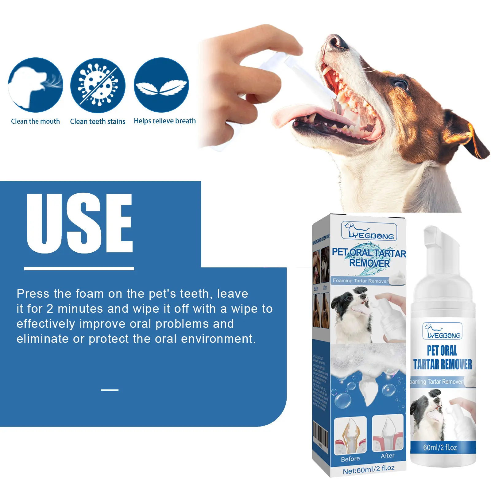 Yegbong Pet Oral Cleansing Foam Gentle Daily Dental Grooming for Dogs Cats Helps Reduce Plaque Surface Stains & Freshen Pet Breath