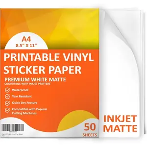 Printable Vinyl Sticker Paper for Inkjet Printers - Matte, 8.5" x 11" (A4) - Water-Resistant, Durable, Easy-Peel Sheets for Custom Labels, , & Stickers (50 Sheets)