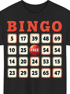 Plus Size Men'S Bingo Card Grid Graphic T-Shirt |   Crinkle Fabric, Bold BINGO Text & FREE Spot, Black with Orange White Design, Casual Short Sleeve Summer Tee, Machine Washable, Playful Outfit, Crew Neck, Regular Fit