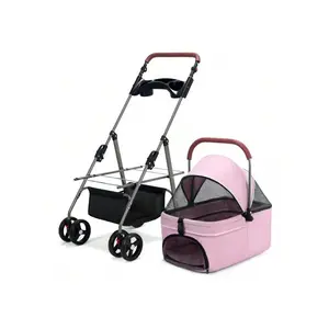 Foldable Pet Stroller For Cats/Dogs, Height Adjustable Handle, Frame And Portable Basket Can Be Separated, Safety Tether, Storage Basket + Cup Holder, 4 Colors