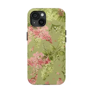 Floral Green Tough Phone Case — Vintage Pink Hydrangea Protective Phone Cover