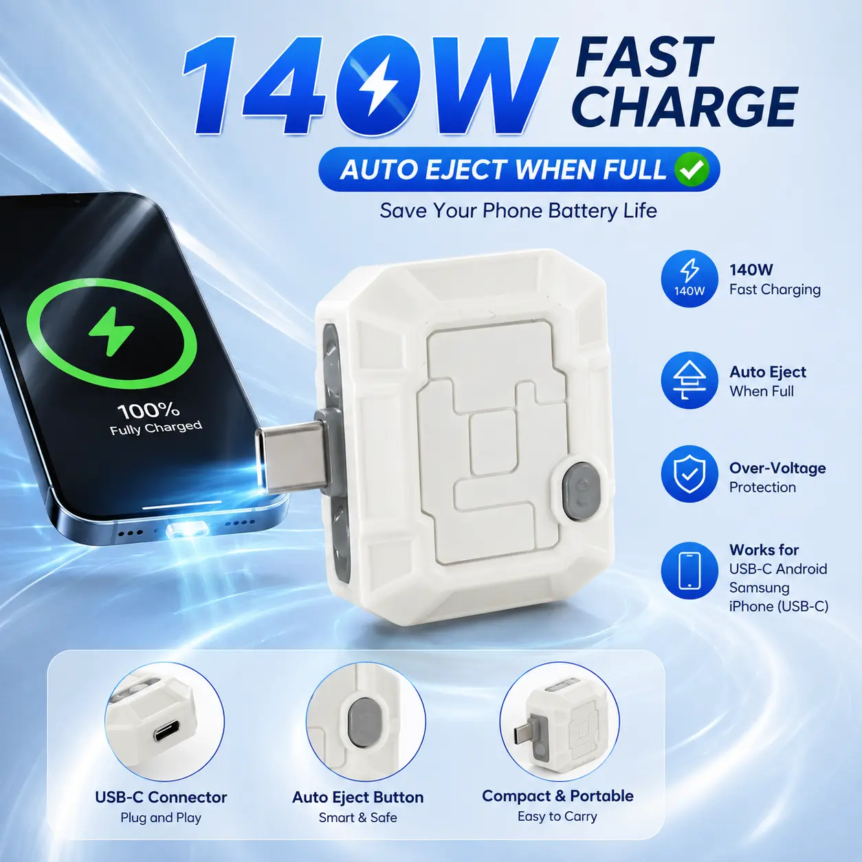 140W High-Speed Battery Charging Protection Module, Auto Power-Off When Fully Charged, Smart Voltage Separator, Compatible With iPhone, Samsung and All Smartphones