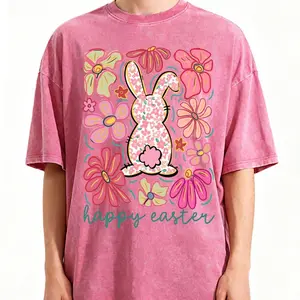 Happy Easter Bunny Floral Graphic Washed T Shirt Vintage Oversized Casual Streetwear Cute Rabbit Print Spring Holiday Short Sleeve Tee Pink Bow Back Bible Verse T-shirt Funny Skeleton off shoulder tattoos are trashy cowboy flowy neon baby doll